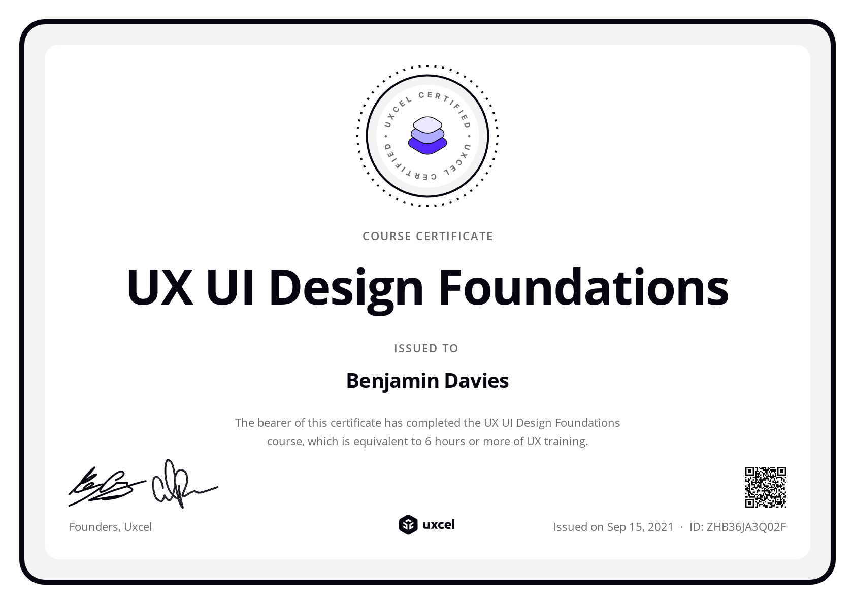 Ben Davies-Romano's certificate